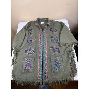 Vintage Carol Wilcher Signed L Fringe Poncho Jacket Southwestern Embroidered USA